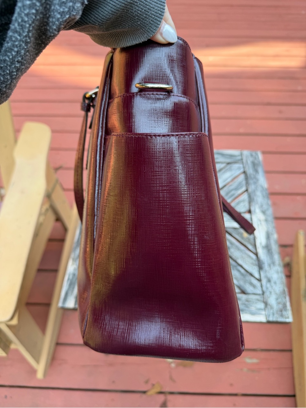 Coach Saffiano Patent Leather Triple Compartment Carryall Tote- Burgundy Merlot - Picture 12 of 16